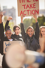 Image showing Woman, protest and billboard of community in the city raising fists for equality, gender based violence or change. Women activist standing together in street march for strike, voice or action message