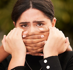 Image showing Woman, portrait and victim silence with hands on face for domestic violence protest campaign. Sad, fear and scared girl vulnerable with secret of sexual abuse, aggression and harassment.