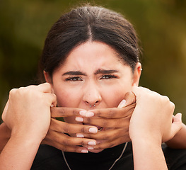 Image showing Woman hands, abuse crime and couple violence, fight and toxic relationship outdoor. Face of a woman with anxiety, pain and problem with a man being abusive with trauma, hands for fear and stress