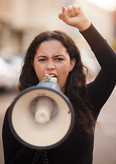 Image showing Woman, face and megaphone for protest in city street for human rights, change empowerment and community equality. Gen z girl, angry and fight for government support, revolution and democracy in Iran