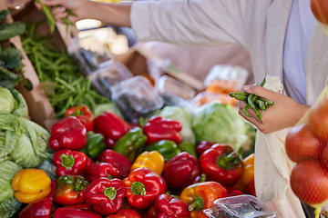 Image showing Vegetables, outdoor market with woman and shopping, customer with food for nutrition and wellness, healthy diet and vegetable choice. Retail, grocery shopping and marketplace, healthy food discount.