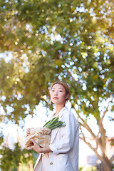 Image showing Grocery bag, vegetable shopping and woman from Korea portrait with mockup and market food. Health, green vegetables and Korean person with eco friendly, natural and diet nutrition grocery shopping