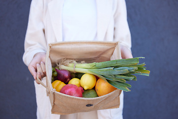 Image showing Food, grocery and vegetables with hands of woman and bag for shopping, health and fruits from farmers market. Retail, sale and sustainability with girl customer and products for nutrition or diet