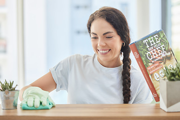 Image showing Woman, happy and cleaning with cleaner and cleaning service, hygiene and house work, wipe with fabric cloth. Clean furniture from dust, spring cleaning and housekeeper with happiness in housekeeping.