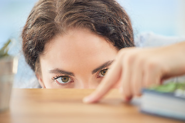 Image showing Cleaning, housekeeping and finger of woman with dust on wooden surface, coffee table and furniture in home. Housework, spring cleaning and girl check, inspection and test for dirt stain with hand