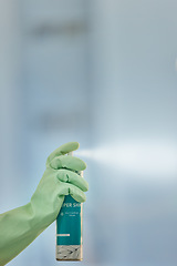 Image showing Cleaning spray, bottle and hands with mockup for multi surface polish, chemical detergent and product. Closeup cleaner, gloves and spraying container for shine, disinfection and household maintenance