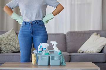 Image showing Closeup of woman, cleaning and basket with product in living room, lounge and home of housekeeping, maintenance or disinfection. Cleaner, maid and ready for cleaning services with detergent container