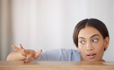 Image showing Woman, finger or dust table in hygiene maintenance, healthcare wellness or dirty surface check in house, home or hotel. Curious maid, cleaner or housekeeping worker and wooden desk in spring cleaning