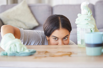 Image showing Focus, table or woman cleaning furniture surfaces with product for messy or dirty bacteria in house living room. Cleaning service, job or cleaner with liquid soap spray bottle wipes wet or dusty wood