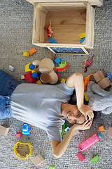 Image showing Stress, mother or toys in messy living room for spring cleaning, housekeeping or tidy maintenance in top view. Anxiety, mental health or burnout mom and children play objects in Brazilian family home