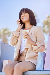 Image showing Phone call, coffee and black woman outdoor with shopping bag, conversation and sale. Female, girl and customer with expensive clothes, boutique items and tea in city, talking and relax with discount.