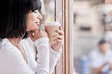 Image showing Relax, coffee shop and black woman smell coffee in morning for satisfaction, calm and peace on break. Wellness, lifestyle and happy woman enjoy aroma or scent of tea, latte or beverage by cafe window