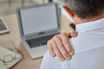 Image showing Shoulder pain, businessman at laptop in office with stress, anxiety and heart attack risk. Ceo, fatigue and cardiovascular problem of person working at corporate desk with burnout back view.