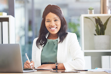 Image showing Office, portrait and black woman writing in notebook for business schedule, time management and calendar in Human Resources. Face of an HR corporate worker at her desk on laptop for career excellence