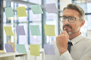 Image showing Business, man and thinking with sticky note for planning innovative corporate ideas with vision. Plan, idea and businessman brainstorming a company strategy using notes for schedule or calendar