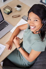 Image showing Black woman, office and call center in portrait for business communication, ecommerce management and telemarketing. African consultant, virtual assistant or advisor face working on a career strategy