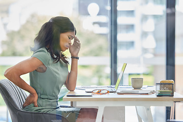 Image showing Burnout, back pain or black woman with headache in office from depression, mental health or anxiety for work. Tired, mental health or sad employee frustrated, stress and laptop for finance tax audit