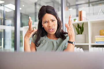 Image showing Black woman, angry and laptop glitch in office for company stress, anxiety and frustrated for 404 tech error. African woman, stressed manager and financial report problem or mad working on computer