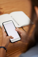 Image showing Woman, mock up and typing with smartphone, or connectivity and social media. Female, girl and phone with space for online reading, search internet or communication to connect and website for posting.