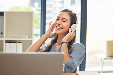 Image showing Headphones, woman and office for stress relief, happy and music for break, listen and calm. Business, female employee and administrator with headset for songs, radio and podcast in workplace to relax