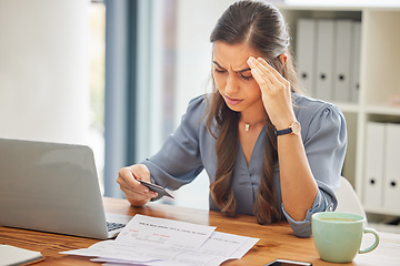 Image showing Stress, credit card or business woman with laptop confused with finance, burnout or budget depression in office. Document, bill or employee with headache for loan payment decline, debt anxiety or tax