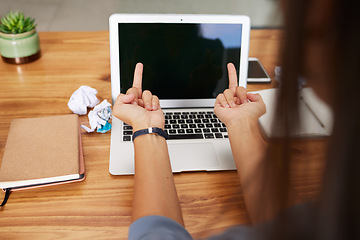 Image showing Stress, office and hands with middle finger to laptop for glitch, error and 404 problem online. Technology, computer and angry woman worker with rude hand gesture for burnout, frustrated and failure