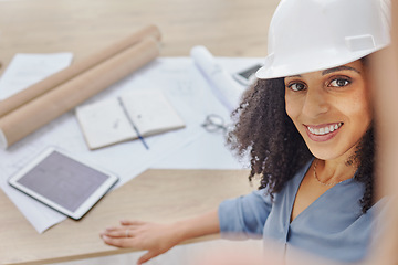 Image showing Engineering, architecture or happy black woman taking a selfie after drawing a floor plan in office building. Civil engineering, face or portrait of a designer taking pictures after working on goals