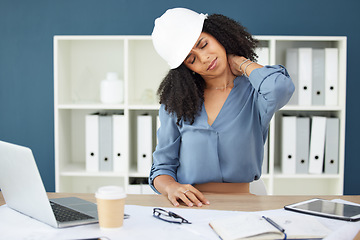 Image showing Architect, black woman and tired with neck pain in office from fatigue, injury or accident at work. Health problem of architecture employee at desk with pain in neck at professional workplace.