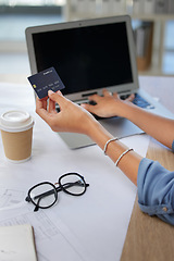 Image showing Laptop, credit card and woman doing online shopping in office with sale, discount and promotion. Ecommerce, technology and lady paying her bills, debt or purchase with internet banking and technology