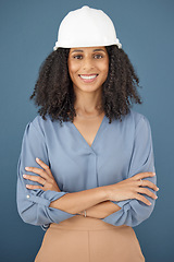 Image showing Black woman, portrait and hard hat for architecture, engineering and construction safety on studio background in Brazil. Happy female contractor, project management and industrial property designer