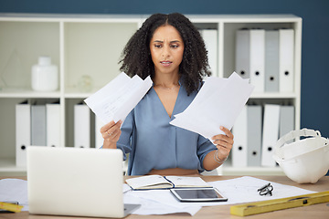 Image showing Architecture, deadline and stress with business woman for planning, audit and overwhelmed. Engineering, construction and building with black woman for paperwork, burnout and compliance