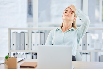 Image showing Woman, laptop and office with headache, tired or frustrated at finance, audit or accounting work. Corporate, financial expert and computer on desk with burnout, stress or anxiety from job in New York