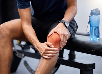 Image showing Knee pain, sport accident or man in gym for training, fitness or exercise for injury. Male, athlete or muscle tension for workout, sore joint or health problem with practice or fibromyalgia emergency