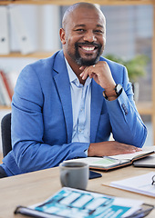 Image showing Happy black man, business manager and ceo working at modern office desk as financial investor, stock market trader and corporate worker in Nigeria. Portrait smile of african executive leader and boss