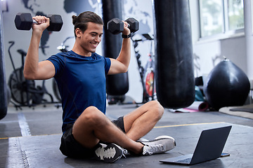 Image showing Man, laptop and bodybuilder online class in gym for training workout, fitness tutorial and happy for sports exercise. Athlete person, dumbbell wellness and learning with digital tech in health club