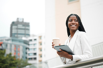 Image showing Black woman, coffee break and corporate employee with tablet outside the office, working in a city and career marketer. Digital technology, African American professional and a businesswoman outdoors