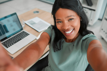 Image showing Black woman, selfie or portrait with happy smile for work success, motivation or social media photo post. Corporate, laptop or employee for new business job, happiness or online update in office