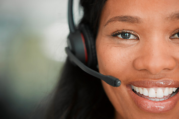 Image showing Call center, black woman face and business portrait of crm, contact us and telemarketing job. Customer service, web help desk and consulting happy worker with a smile about online and digital company