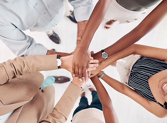 Image showing Teamwork, support and stack of hands of business people for community, trust and collaboration in office. Diversity, motivation and hands together of group of workers for agreement, goals and growth