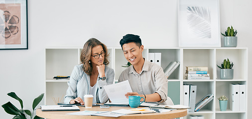 Image showing Senior, woman and worker with business documents or sales growth analytics for data analysis at office desk. Paperwork, leadership or company manager training or helping worker with marketing advice