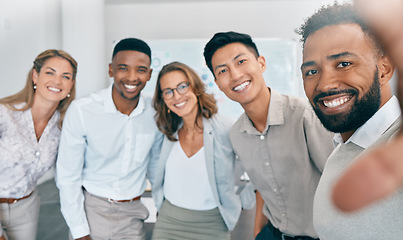 Image showing Selfie, collaboration and diversity with a business team posing for a photograph together in their office. Portrait, startup and teamwork with a man and woman employee group taking a picture at work