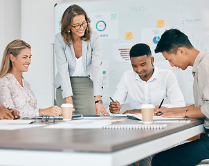 Image showing Coaching, presentation and review with business people in meeting for idea, planning and marketing strategy. Training, teamwork and infographic chart with employee in workshop for data and goals