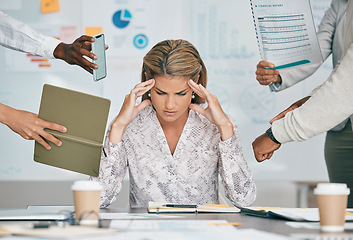 Image showing Woman, headache and office with stress, multitasking deadline or tired of project management target. Corporate executive, documents or email on schedule, anxiety and burnout of mental health by desk