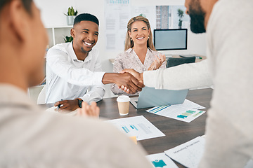 Image showing Handshake, finance and accounting with a diversity couple talking to a financial consultant during a meeting. Thank you, money and investment with a man and woman in discussion with an advisor