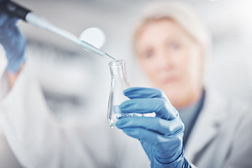 Image showing Science, chemistry and beaker with woman in laboratory for research, dna and vaccine analysis. Medicine, pharmacy and innovation with expert and flask for investigation, biotechnology and experiment