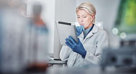 Image showing Tablet, thinking and science with a doctor woman at work in a lab for research, innovation or development. Healthcare, medical and idea with a senior female scientist working in a laboratory