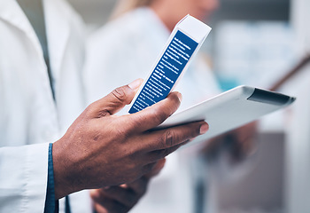 Image showing Healthcare, hands and pharmacist with tablet and medicine checking prescription online in pharmacy inventory. Medical insurance, drugs and man with digital stock checklist at pharmaceutical store.