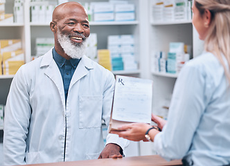 Image showing Pharmacist, medicine and help for woman customer at the counter for pills, help and information on prescription treatment. Pharmacy, consulting and questions from healthcare worker, advice and trust