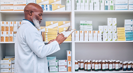 Image showing Pharmacy, senior man and checklist clipboard for stock, inventory and pills, prescription and checking. Pharmacist, writing and black man counting medical product, medicine and treatment for record