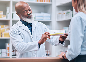Image showing Consulting, medicine and pharmacy with black man and customer for healthcare, help or prescription. Shopping, retail and pills with pharmacist and patient for medical, wellness or medication checkout